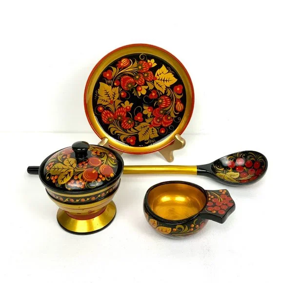 Vintage Russian Lacquerware Khokhloma Set Of 5 Wooden Items - Picture 16 of 16